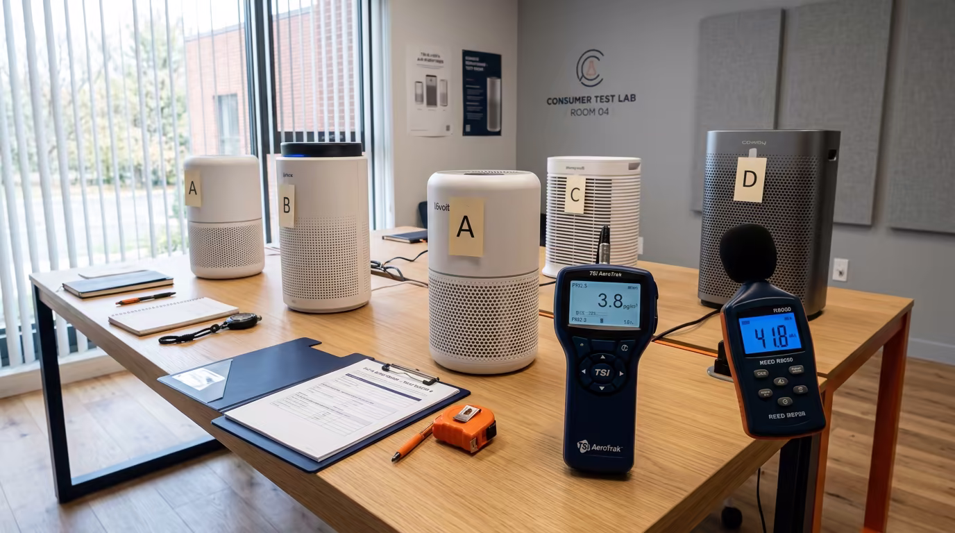 FasterBuyers laboratory benchmark testing of true HEPA air purifiers in modern living room setup