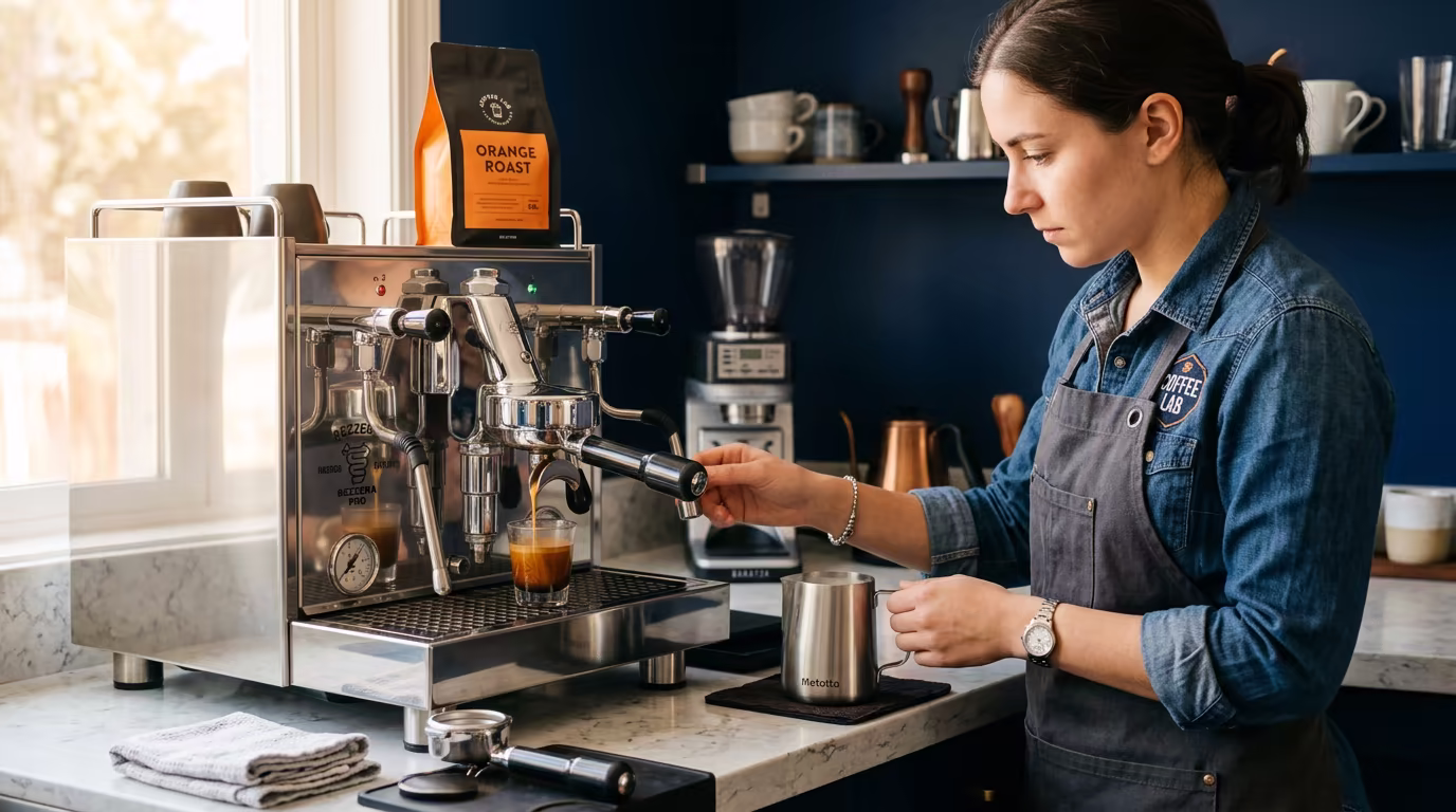 FasterBuyers barista testing of dual-boiler espresso machines and milk microfoam on kitchen counter