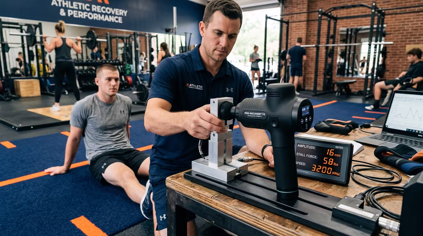 FasterBuyers physical therapy lab testing of percussive massage guns in athletic recovery facility