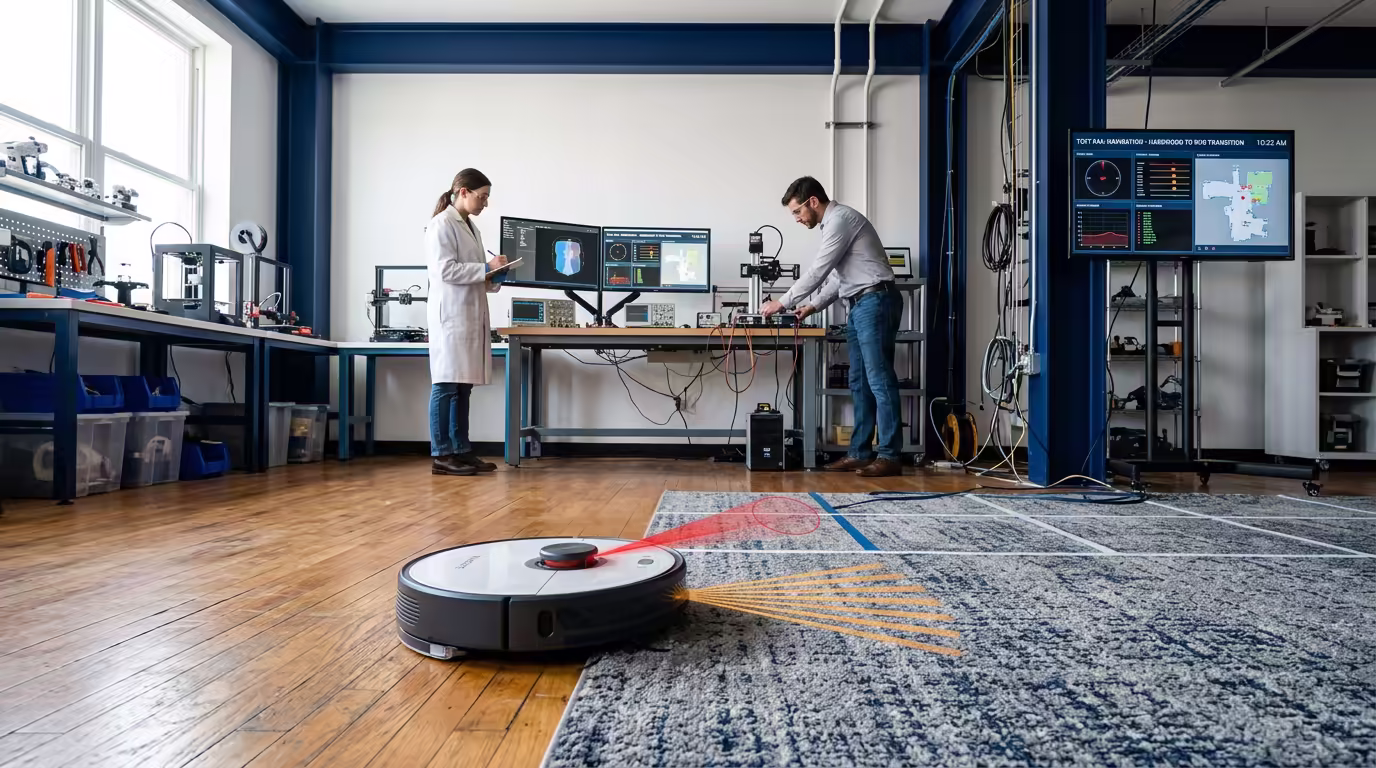 FasterBuyers robotics lab evaluation of smart robot vacuums navigating hardwood floors and rugs